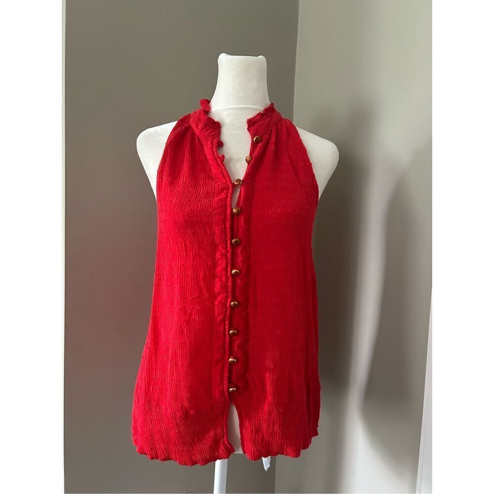 Maeve Button Down Tank Top Red 100% Rayon